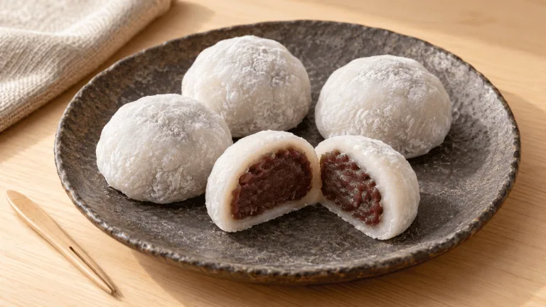 Daifuku mochi japonais fourrés à la pâte de haricots rouges anko