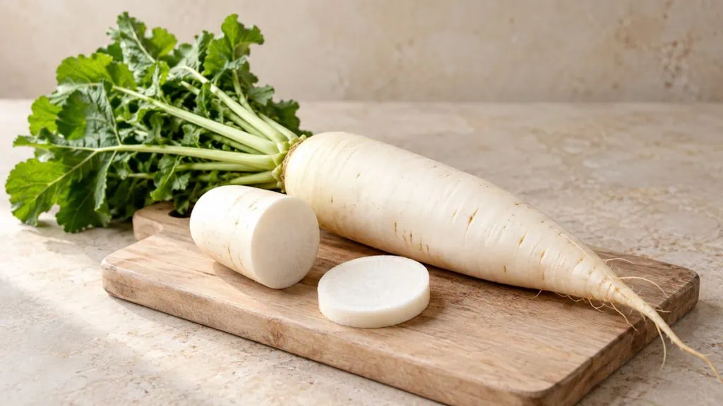 Radis daikon entier avec ses feuilles et morceaux coupés