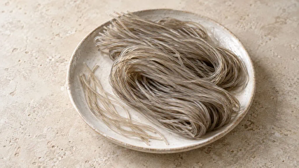Vermicelles coréens de patate douce dangmyeon dans une assiette