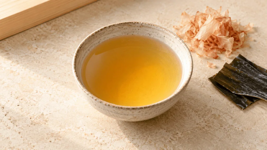 Bouillon dashi japonais doré avec kombu et bonite séchée