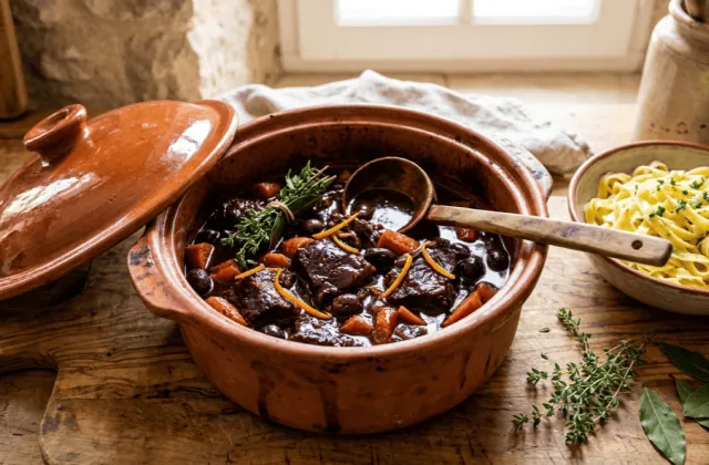 Daube provençale au vin rouge dans une daubière en terre cuite, bœuf, carottes, olives noires, zeste d’orange, et tagliatelles