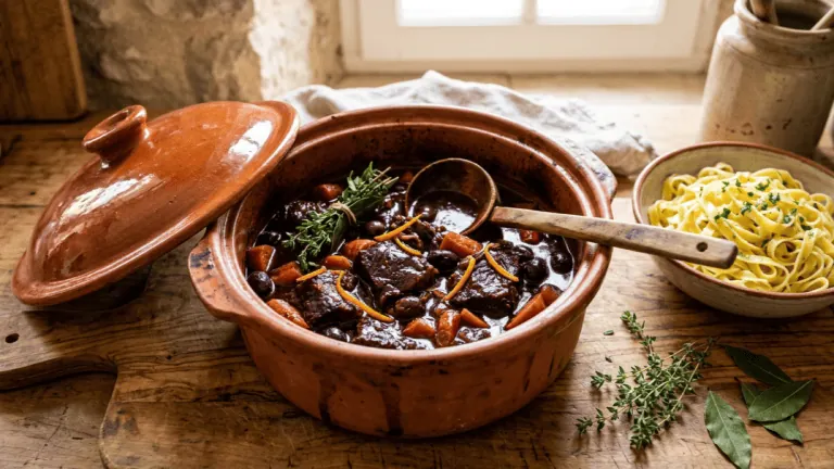 Daube provençale au vin rouge dans une daubière en terre cuite, bœuf, carottes, olives noires, zeste d’orange, et tagliatelles