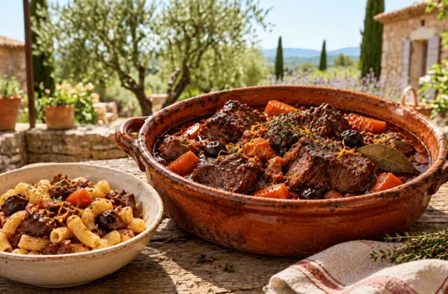 Daube provençale traditionnelle servie avec une macaronade