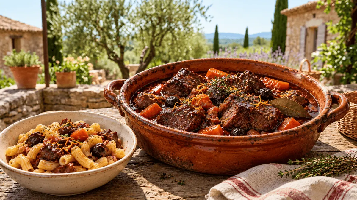 Daube provençale traditionnelle servie avec une macaronade
