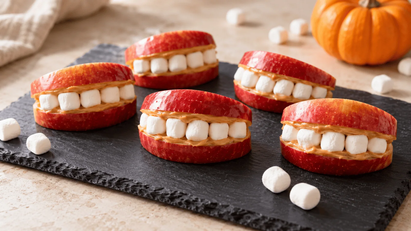 Dentiers croquants en pomme rouge, beurre de cacahuète et dents de mini-guimauves sur une ardoise