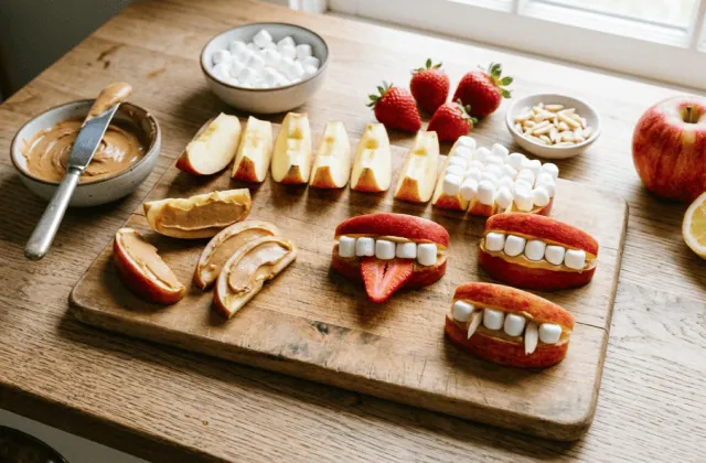 Montage des dentiers croquants : quartiers de pomme tartinés de beurre de cacahuète, dents en mini-guimauves, langue en fraise et crocs en amandes