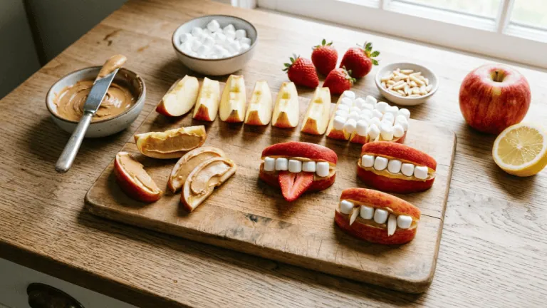 Montage des dentiers croquants : quartiers de pomme tartinés de beurre de cacahuète, dents en mini-guimauves, langue en fraise et crocs en amandes