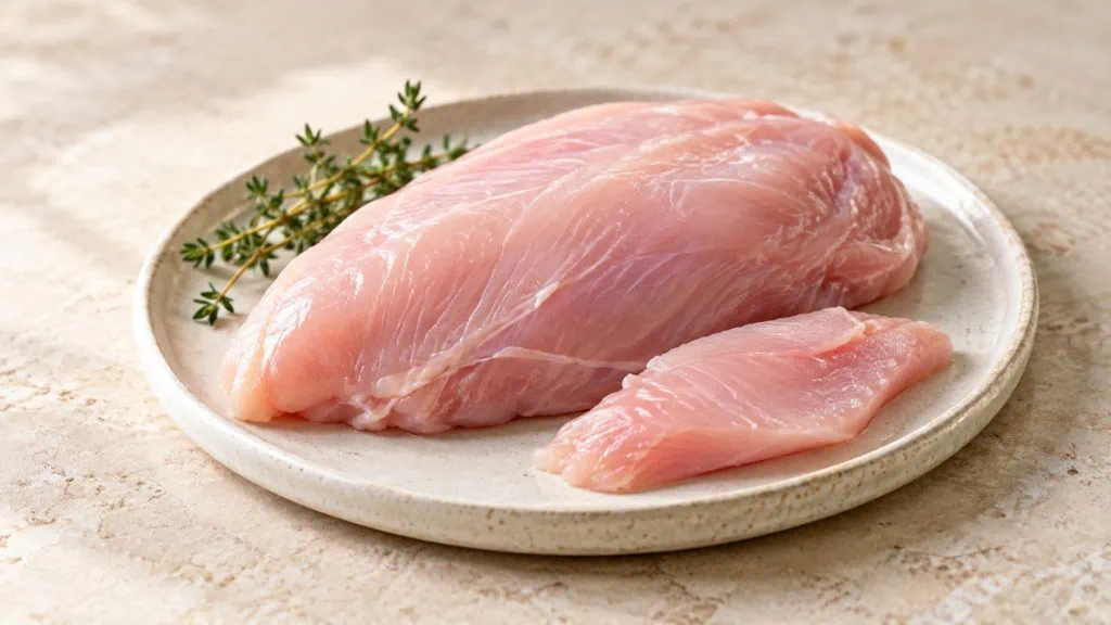 Poitrine de dinde crue et tranchée dans un plat en grès clair
