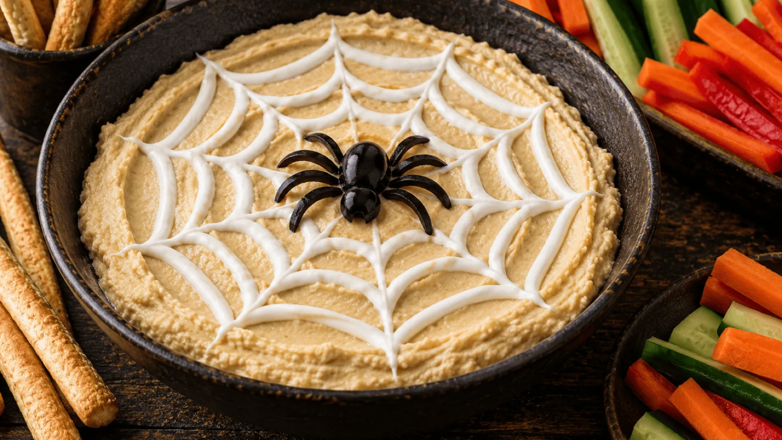 Houmous décoré d’une toile au yaourt et d’une araignée en olives noires