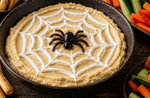 Houmous décoré d’une toile au yaourt et d’une araignée en olives noires