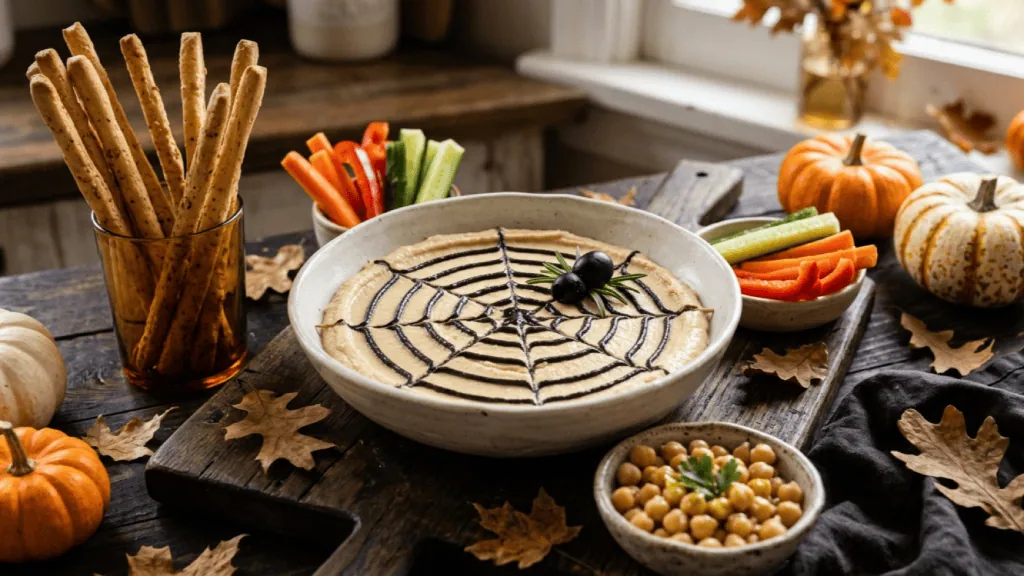 Houmous toile d’araignée : toile en crème de sésame noir, araignée en olives, gressins, bâtonnets de légumes et petites courges