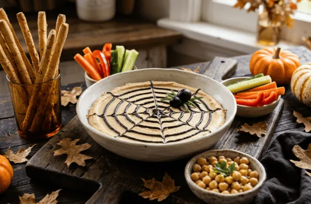 Houmous toile d’araignée : toile en crème de sésame noir, araignée en olives, gressins, bâtonnets de légumes et petites courges