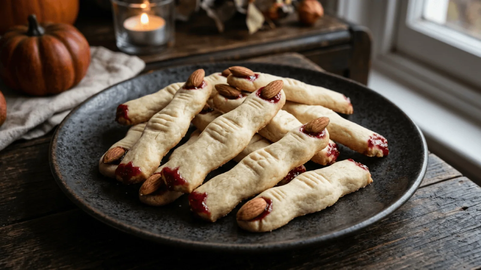 Doigts de sorcière : sablés en forme de doigts crochus avec ongle en amande et confiture de framboise, sur une assiette sombre