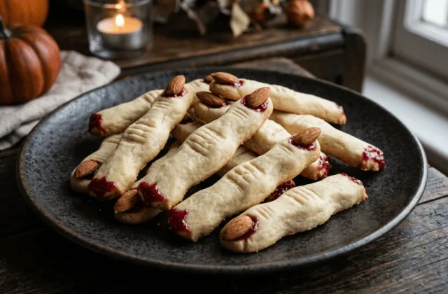 Doigts de sorcière : sablés en forme de doigts crochus avec ongle en amande et confiture de framboise, sur une assiette sombre