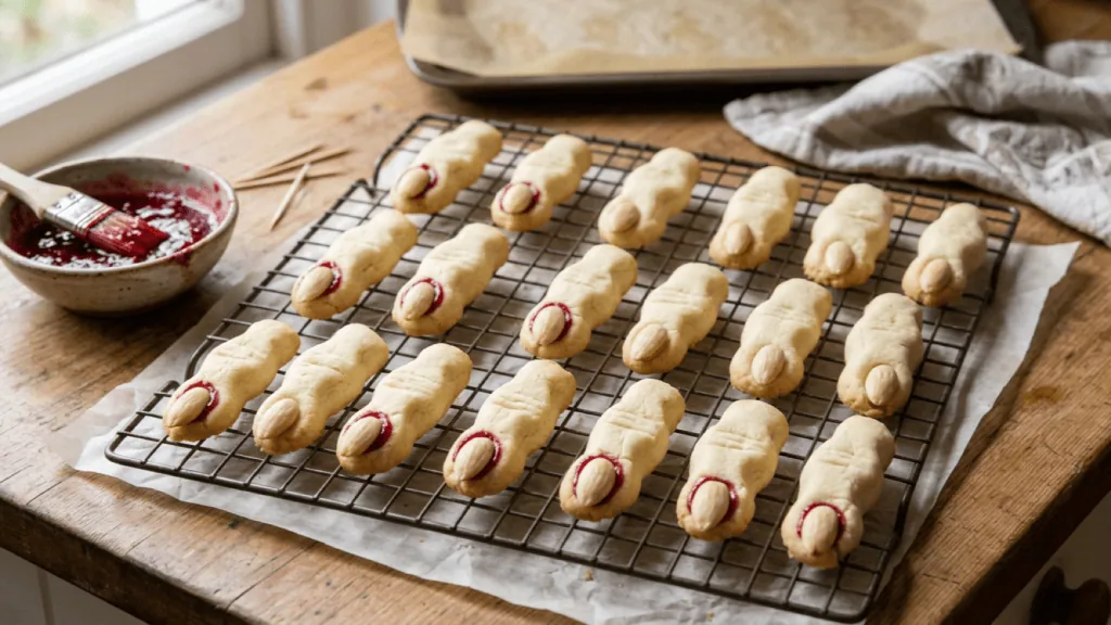 Doigts de sorcière sablés aux amandes refroidissant sur une grille, confiture de framboise et pinceau à côté