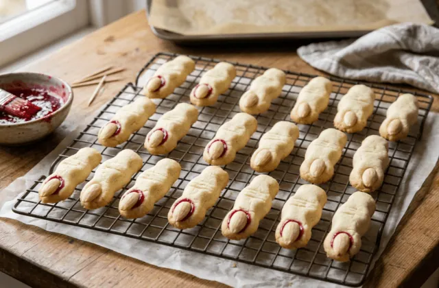 Doigts de sorcière sablés aux amandes refroidissant sur une grille, confiture de framboise et pinceau à côté