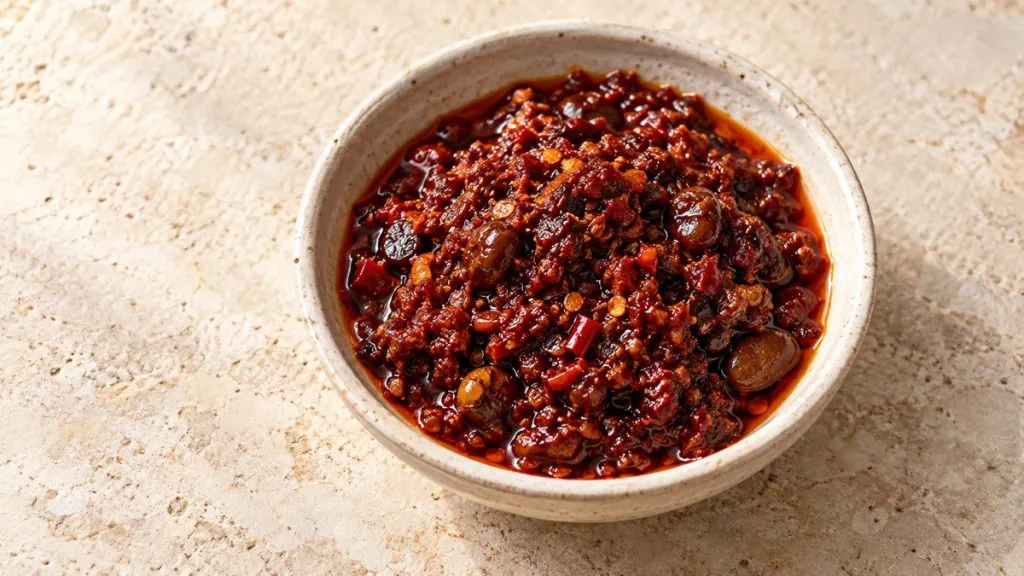 Pâte de doubanjiang rouge brun dans une coupelle en céramique