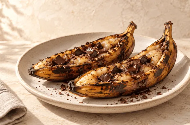 Bananes grillées ouvertes garnies de chocolat noir fondu