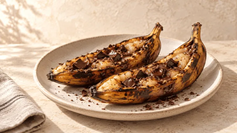 Bananes grillées ouvertes garnies de chocolat noir fondu
