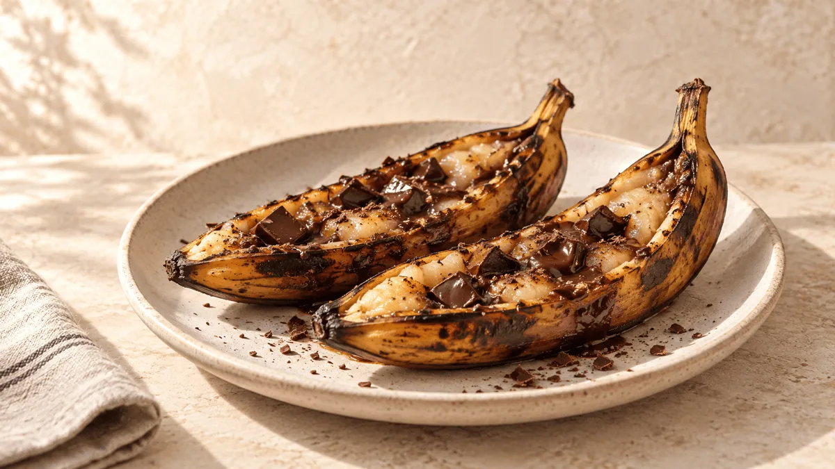 Bananes grillées ouvertes garnies de chocolat noir fondu