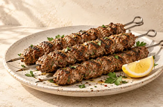 Brochettes de kefta grillées servies avec persil et citron