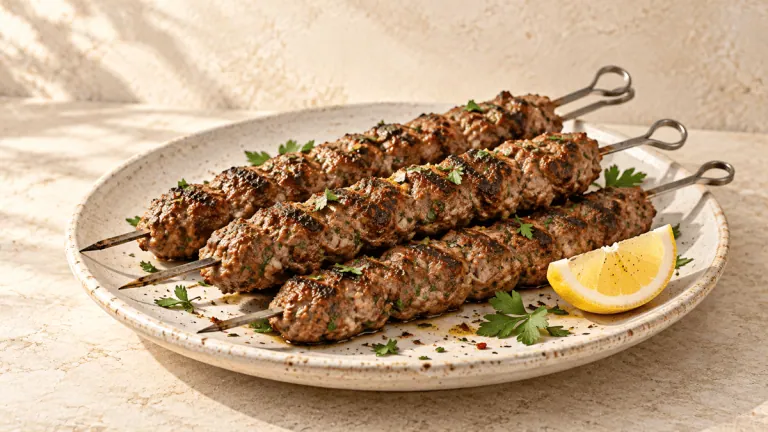 Brochettes de kefta grillées servies avec persil et citron