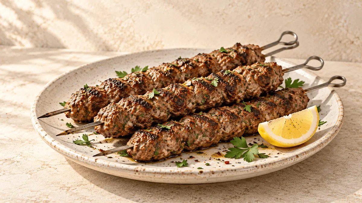Brochettes de kefta grillées servies avec persil et citron