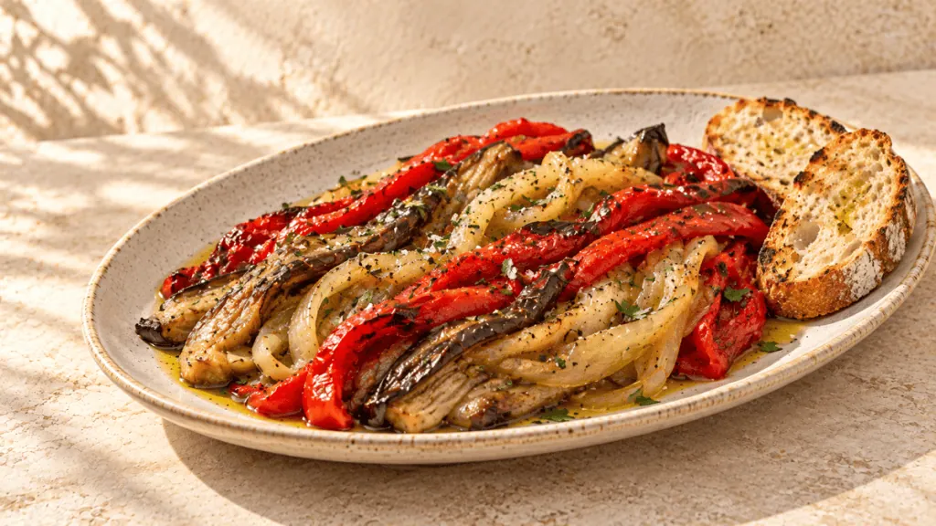 Escalivada catalane servie avec du pain grillé sur une assiette artisanale claire