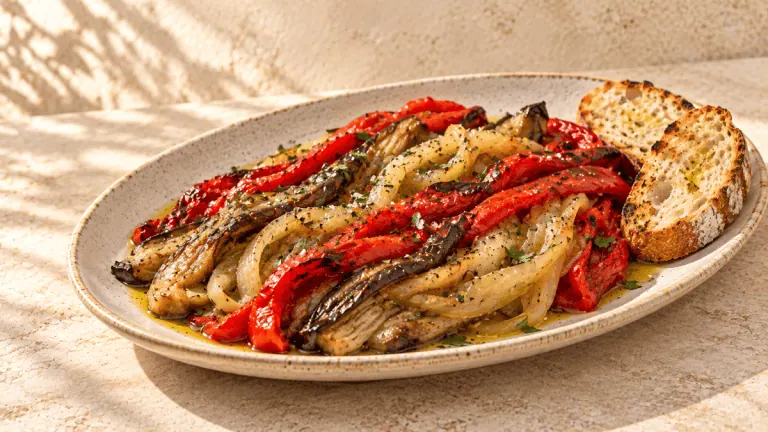 Escalivada catalane servie avec du pain grillé sur une assiette artisanale claire