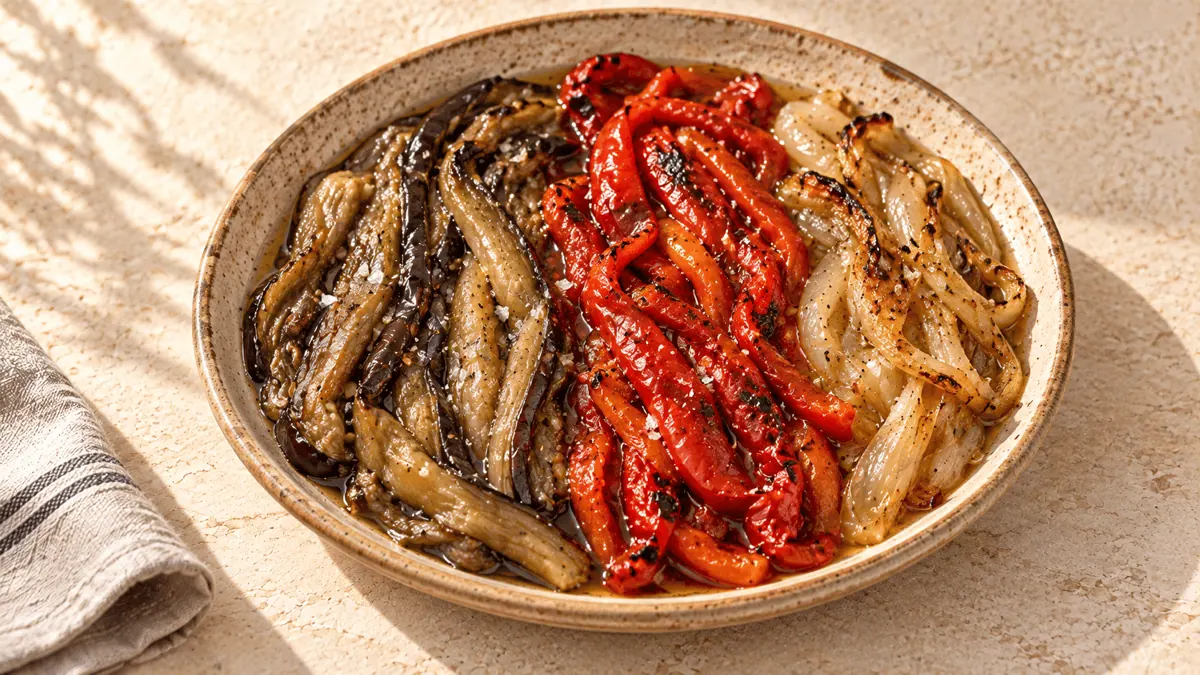 Escalivada catalane aux aubergines, poivrons rouges et oignons braisés en longues lanières