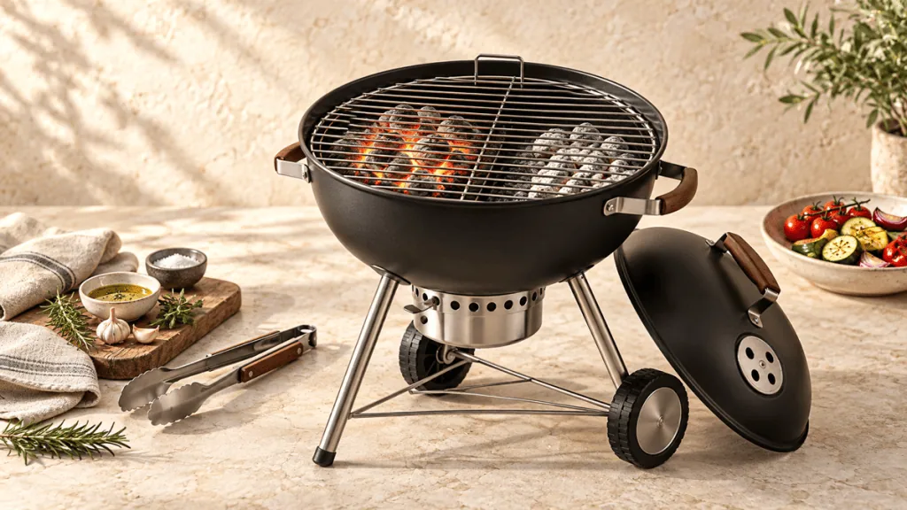 Barbecue au charbon préparé avec deux zones de braises sur fond en pierre crème