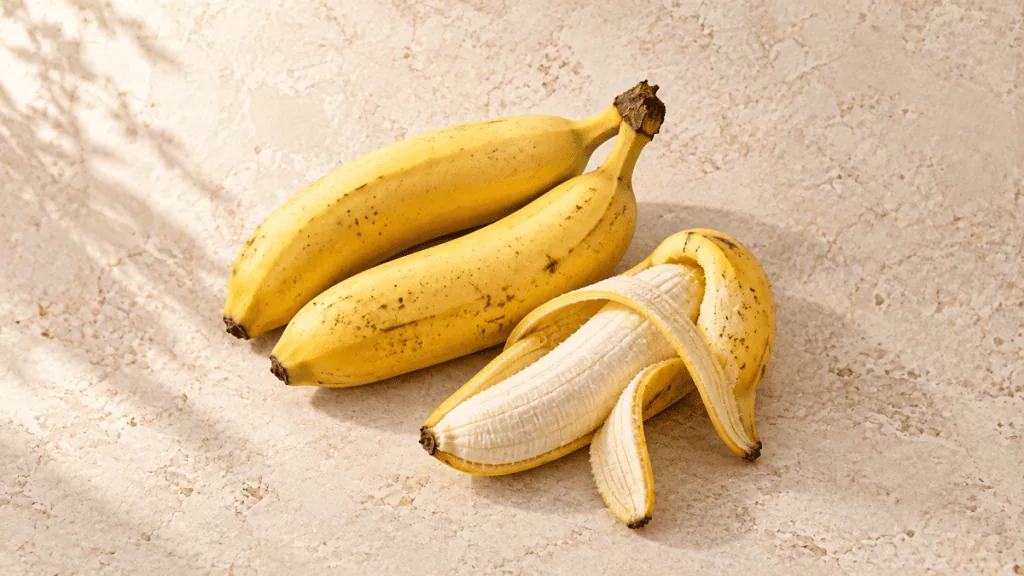 Trois bananes mûres dont une ouverte sur un fond en pierre crème