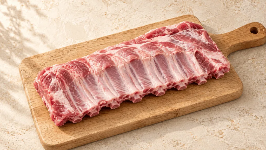Carré de travers de porc cru soigneusement paré sur une planche en bois