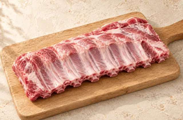 Carré de travers de porc cru soigneusement paré sur une planche en bois