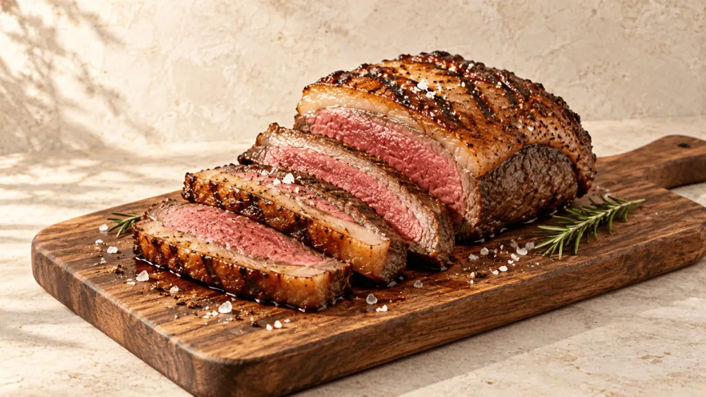 Picanha grillée, tranchée saignante sur une planche en bois