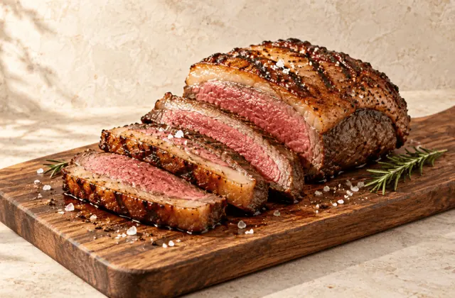 Picanha grillée, tranchée saignante sur une planche en bois