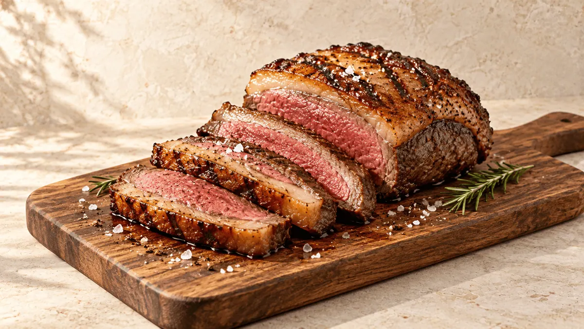 Picanha grillée, tranchée saignante sur une planche en bois