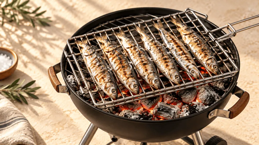 Sardines entières grillées dans une grille double au-dessus de braises de charbon