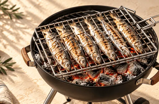 Sardines entières grillées dans une grille double au-dessus de braises de charbon