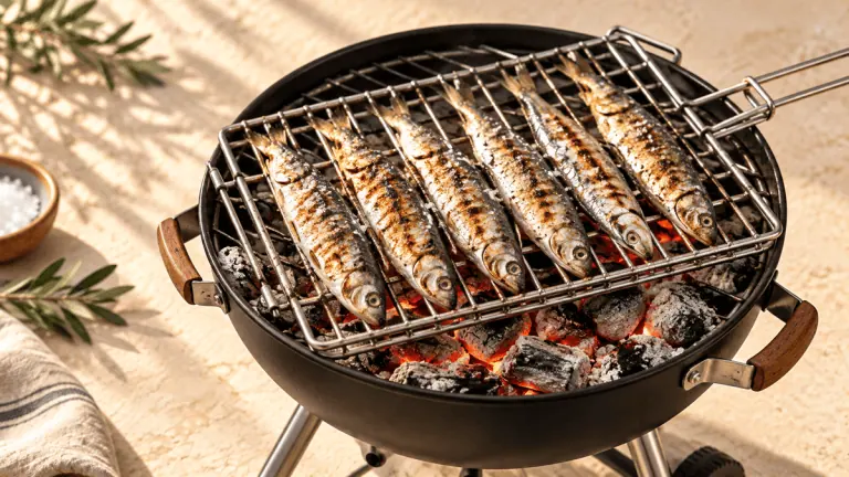Sardines entières grillées dans une grille double au-dessus de braises de charbon