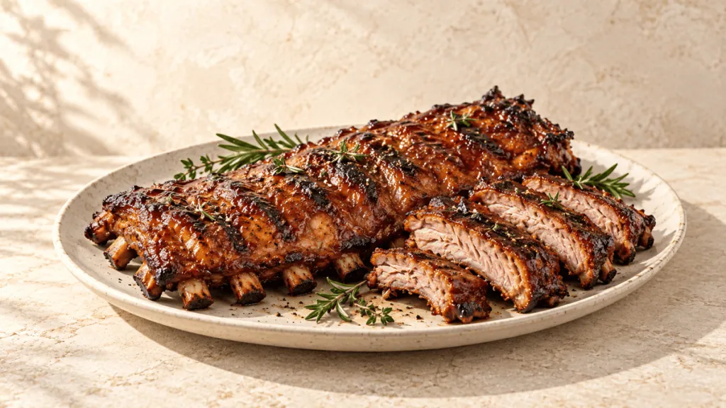 Travers de porc barbecue laqués et découpés sur une grande assiette