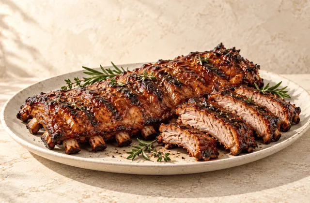 Travers de porc barbecue laqués et découpés sur une grande assiette