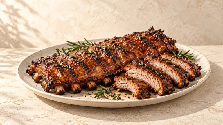 Travers de porc barbecue laqués et découpés sur une grande assiette
