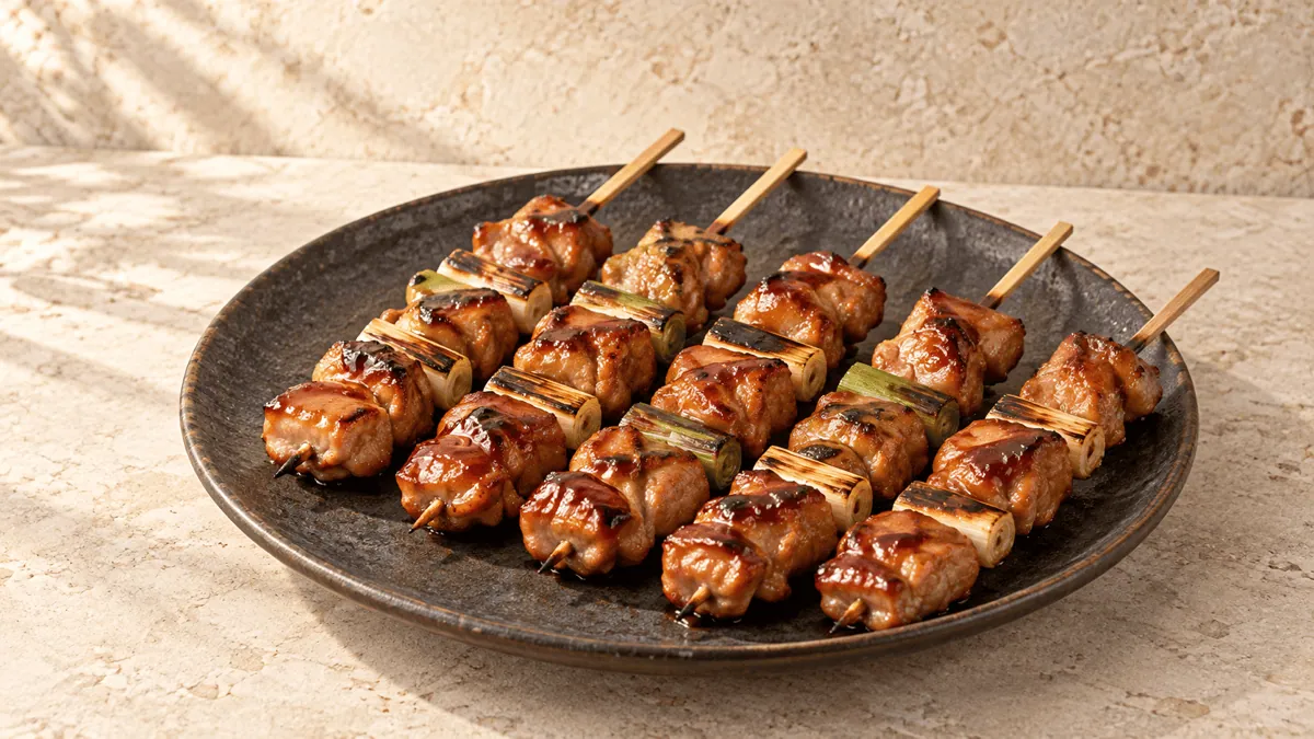 Yakitori de poulet et poireau laqués sur une assiette japonaise