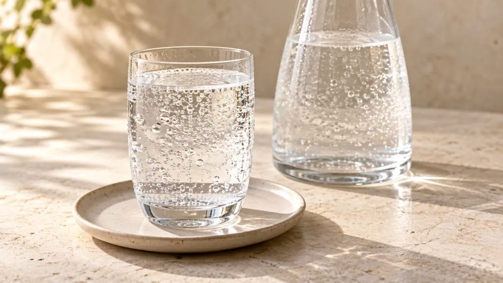 Verre et carafe d’eau gazeuse avec bulles fines