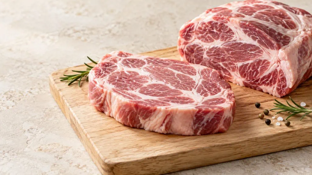 Tranches épaisses d’échine de porc crue et persillée