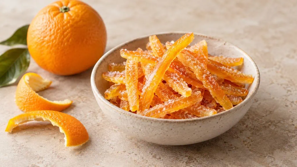 Lamelles d’écorces d’orange confites légèrement poudrées de sucre
