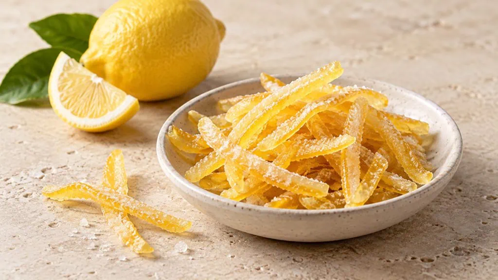 Lamelles d’écorces de citron confites légèrement poudrées de sucre