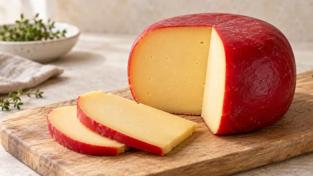Fromage edam à cire rouge entier, coupé et tranché