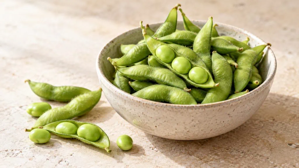 Gousses d’edamame fraîches dont certaines ouvertes sur leurs fèves